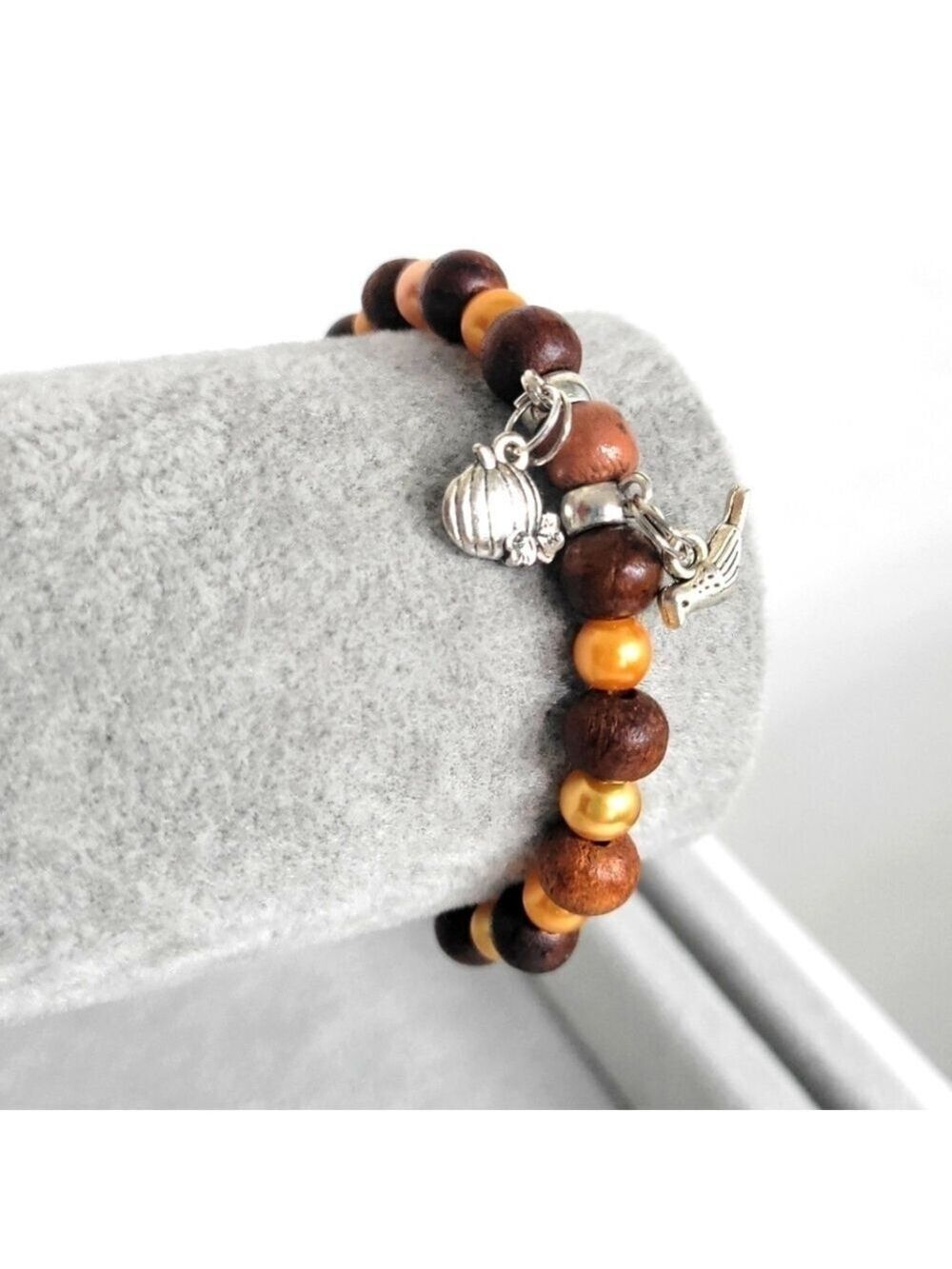 Autumn Glass Wood Beaded Pumpkin Bird Charm Bracelet